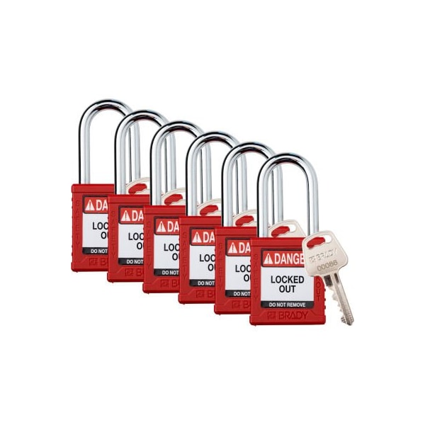 Brady Brady Safety Lockout Padlock, Keyed Different, 1-1/2in, Plastic/Steel, Red, 6/PK - SDPL-RED-38ST-KD6