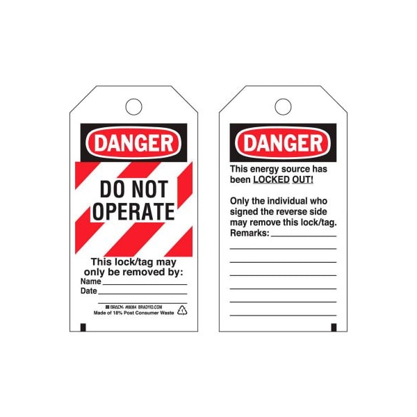 Brady Brady 66064 Lockout Tag- Danger Do Not Operate, 2 Sided Economy, Polyester, 25/Pack - 66064