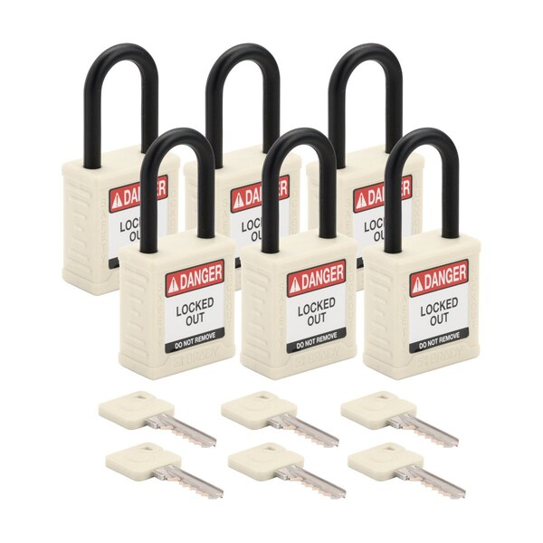 Brady Velocity Lockout Padlocks Nylon 1.5in Clearance KA Plastic Shackle White 6PK - SDPL-WHT-38PL-KA6