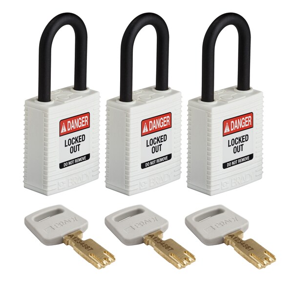 Brady Safekey Lockout Padlock Nylon White 1.5" Pl - NYL-WHT-38PL-KA3PK