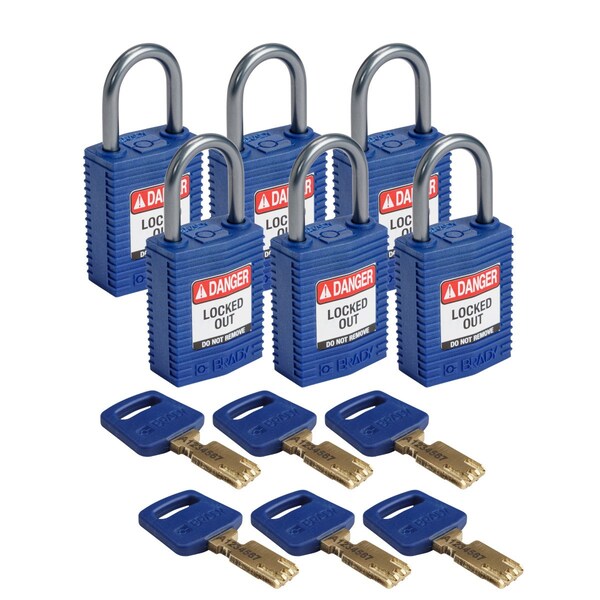 Brady Compact SafeKey Key Retaining Nylon Padlock 1 in Aluminum Shackle KD Blue 6PK - CPT-BLU-25AL-KD6PK