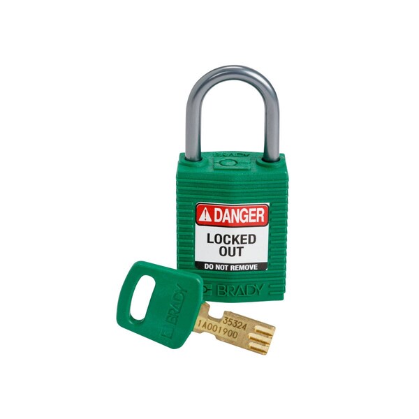 Brady Compact SafeKey Key Retaining Nylon Padlock 1 in Aluminum Shackle KD Green 1PK - CPT-GRN-25AL-KD
