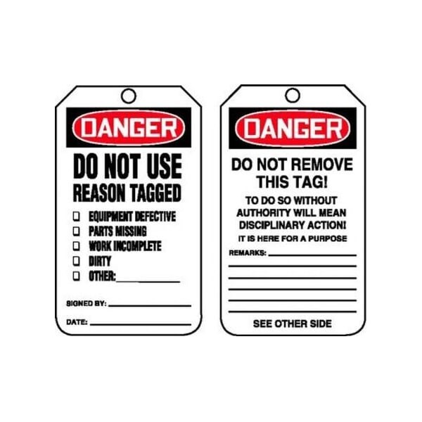 Accuform Safety Tags, DANGER DO NOT USE REASON TAGGED, 5.75in x 3.25in, PF-Cardstock, 25PK - MDT184CTP