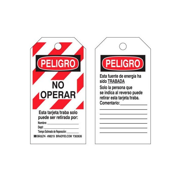 Brady Brady 98219 Lockout Tag- Peligro No Operar, Spanish, 2 Sided, Polyester, 25/Pack - 98219