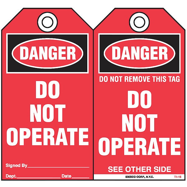 Idesco Safety Do Not Operate Safety Tag, PK10, Danger, 3 1/8 in Width, 5 5/8 in Height, Write On Surface: Yes - KAT115AC