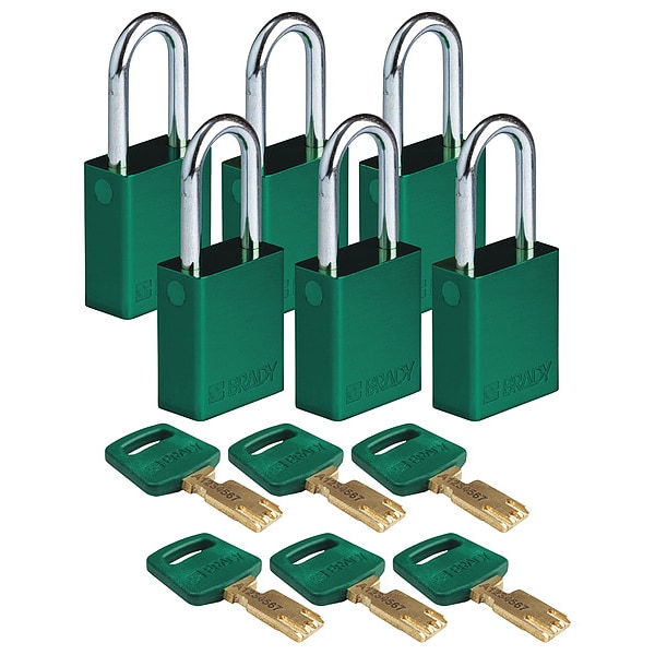 Brady Lockout Padlock, Al, Grn, Key Different, PK6 - ALU-GRN-38ST-KD6PK