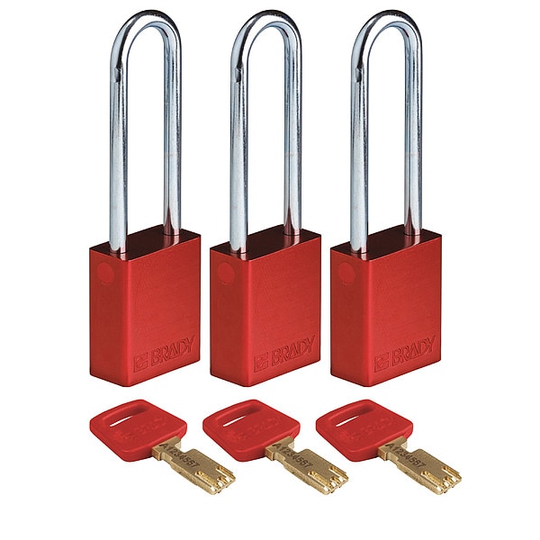 Brady Lockout Padlock, Alum., Red, Key Alike, PK3 - ALU-RED-76ST-KA3PK