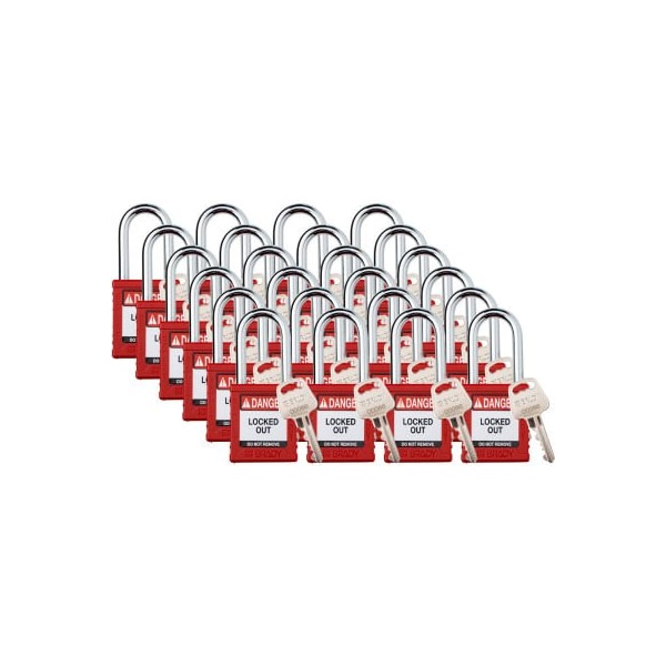 Brady Brady Safety Lockout Padlock, Keyed Alike, 1-1/2in, Plastic/Steel, Red, 24/PK - SDPL-RED-38ST-KA24