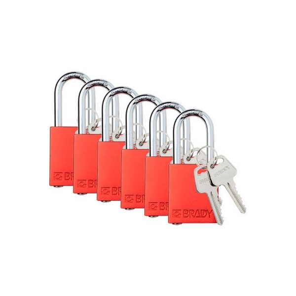 Brady Brady Safety Lockout Padlock, Keyed Alike, 1-1/2in, Aluminum/Steel, Red, 6/PK - SDAL-RED-38ST-KA6
