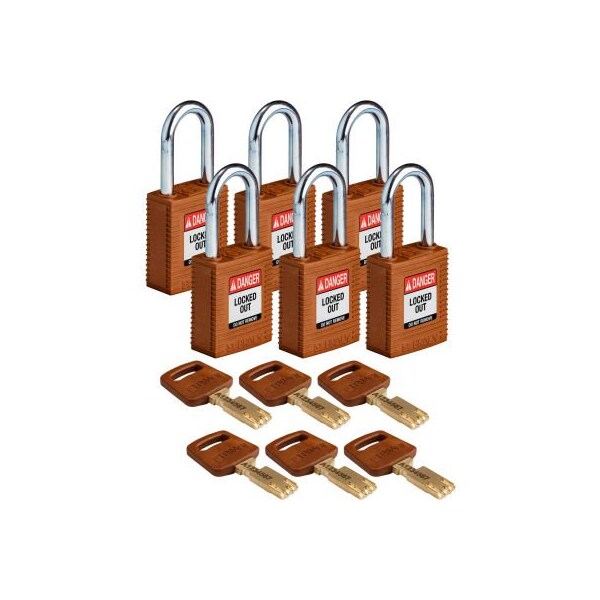 Brady Brady NYL-BRN-38ST-KA6PK Brady SafeKey Lockout Padlock Nylon 1.5" Steel Shackle Keyed Alike - NYL-BRN-38ST-KA6PK
