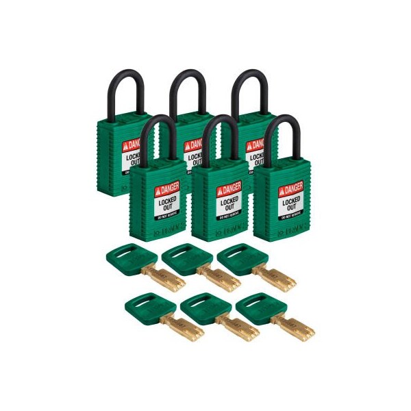 Brady Brady CPT-GRN-25PL-KA6PK Brady SafeKey Lockout Padlock Nylon 1" Plastic Shackle Keyed Alike - CPT-GRN-25PL-KA6PK