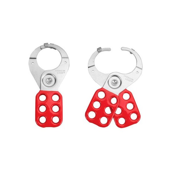Master Lock Master Lock Safety Hasp, 1-1/2in diameter steel jaws with locking tabs, Red - ALO802