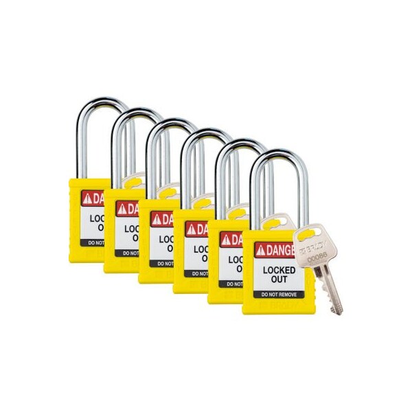 Brady Brady Safety Lockout Padlock, Keyed Different, 1-1/2in, Plastic/Steel, Yellow, 6/PK - SDPL-YLW-38ST-KD6