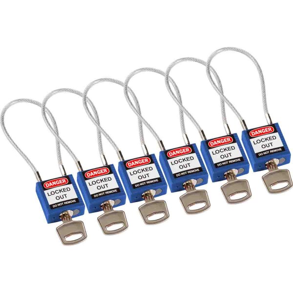 Brady Compact Nylon Padlock 4.2 in Steel Shackle KA Blue with 7.87 in Cable 6PK - 146130
