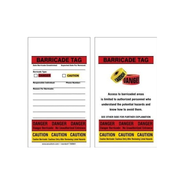 Accuform Safety Tags, BARRICADE TAG DATE BARRICADE ESTABLISHED, 5.75in x 3.25in, PF-Cardstock, 25PK - TAB901CTP
