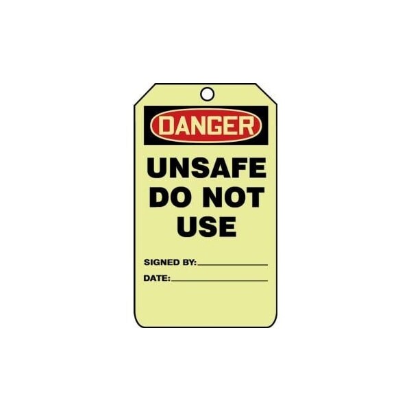 Accuform Safety Tags, DANGER UNSAFE DO NOT USE, 5inx 3in, Glow Plastic, 10PK - TAW125