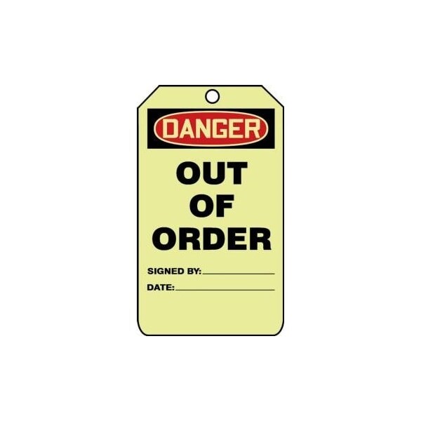 Accuform Safety Tags, DANGER OUT OF ORDER, 5inx 3in, Glow Plastic, 10PK - TAW121