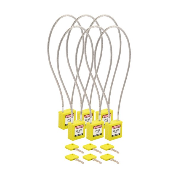 Brady Velocity 16in Compact Cable Lockout Padlocks Nylon 8in Shackle Clearance KA YL 6PK - CPPL-YLW-400CB-KA6