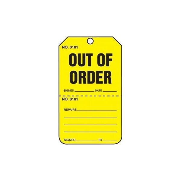 Accuform Safety Tags, OUT OF ORDER, Perforated, 5.75in x 3.25in, PF-Cardstock, 25PK - TPP201CTP