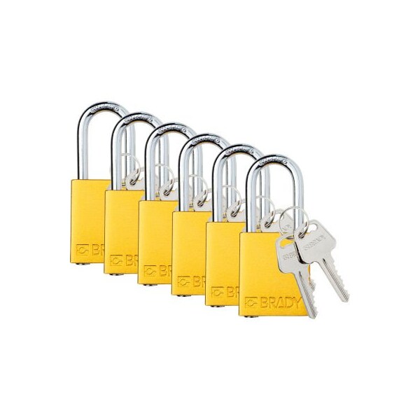 Brady Brady Safety Lockout Padlock, Keyed Different, 1-1/2in, Aluminum/Steel, Yellow, 6/PK - SDAL-YLW-38ST-KD6