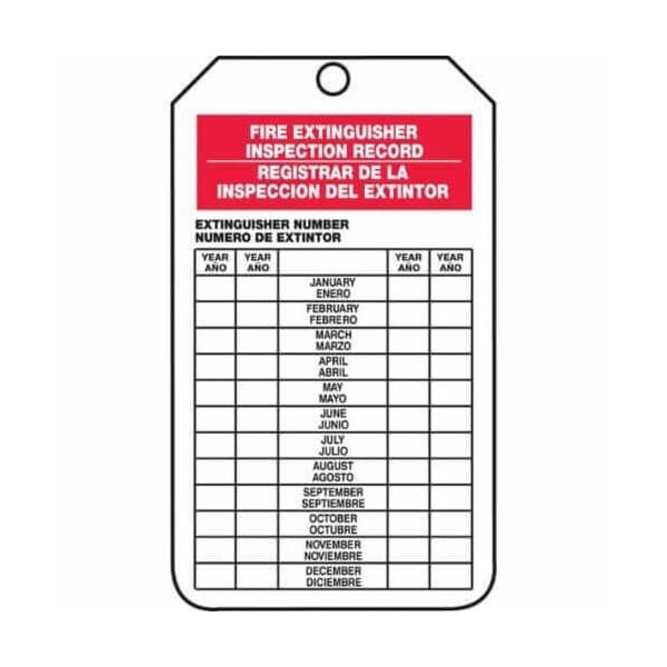 Accuform Bilingual Spanish Safety Tags, FIRE EXTINGUISHER INSPECTION RECORD, 5.75in x 3.25in, 25PK - SBTRS217CTP