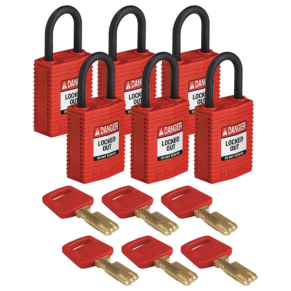 Brady Lockout Padlock, Nylon, 1/4" W, Red, PK6 - CPT-RED-25PL-KA6PK