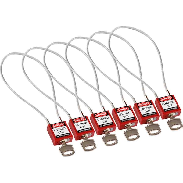 Brady Compact Nylon Padlock 8 in Steel Shackle KA Red with 15.75 in Cable 6PK - 146132
