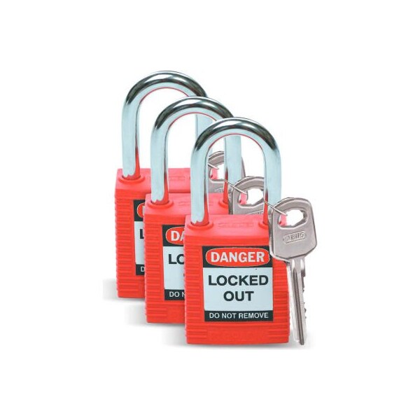 Brady Brady Lockout Padlock, Keyed Alike, 1-1/2, Plastic Covered Steel, Red, 3/Pack - 105886