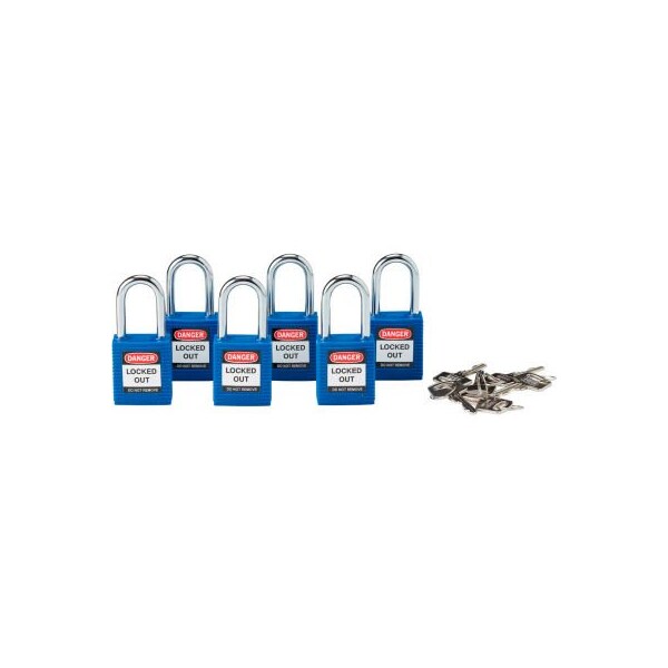 Brady Brady 150891 Safety Padlock With Label, Keyed Alike, Blue, Plastic Covered Steel, 6/Pack - 105891