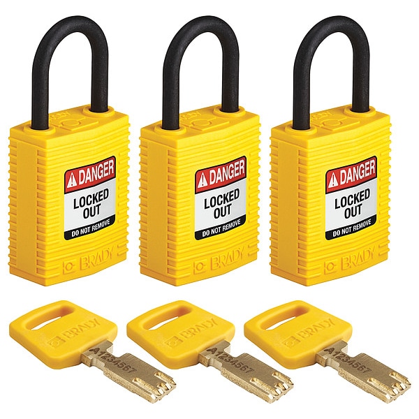 Brady Lockout Padlock, Nylon, Yellow, PK3 - CPT-YLW-25PL-KA3PK