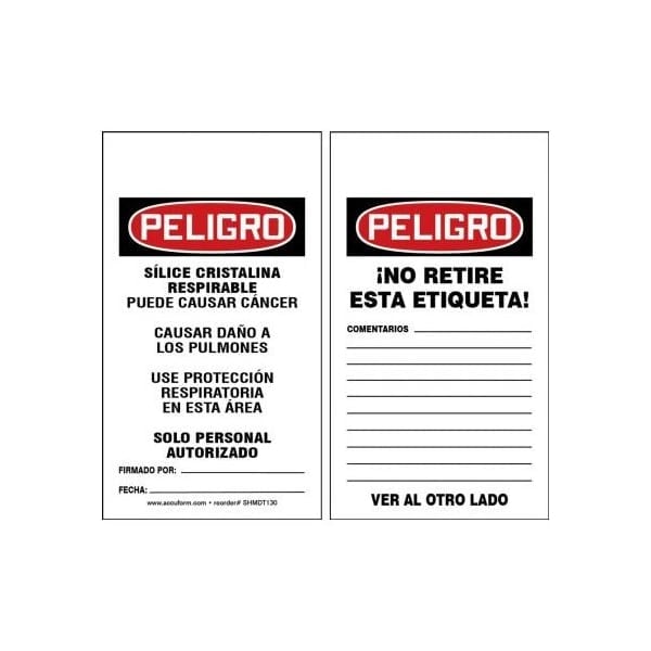 Accuform Spanish Safety Tags, DANGER RESPIRABLE CRYSTALLINE SILICA, 5.75in x 3.25in, RP-Plastic, 25PK - SHMDT130PTP