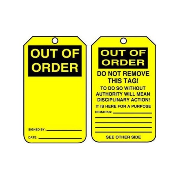 Accuform Safety Tags, OUT OF ORDER, 5.75in x 3.25in, PF-Cardstock, 25PK - MGT201CTP