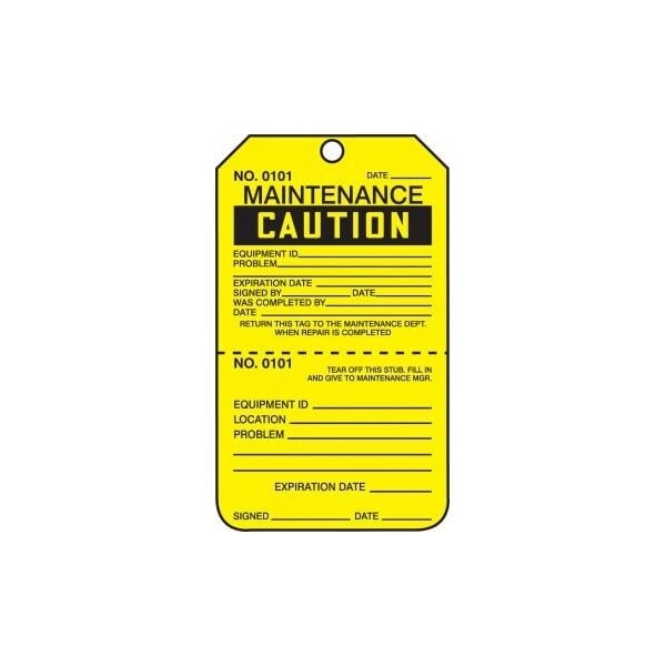Accuform Safety Tags, CAUTION MAINTENANCE, Perforated, 5.75in x 3.25in, RP-Plastic, 5PK - TPP206PTM