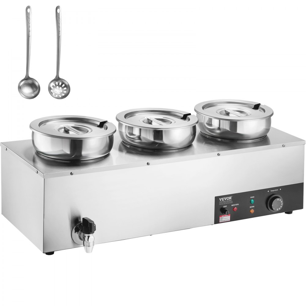 VEVOR Electric Soup Warmer, Three 7.4QT Stainless Steel Round Pot 86~185°F Adjustable Temp, 1200W Commercial Bain Marie with Anti-dry Burn and Reset Button, Soup Station for Restaurant, Buffet, Silver - BW3374QT1200W47W6V1