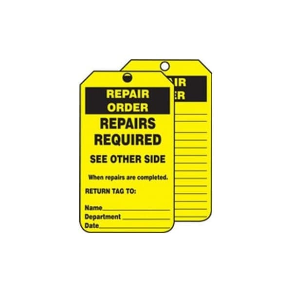 Accuform Safety Tags, REPAIR ORDER REPAIRS REQUIRED, 8.5inx 3.875in, PF-Cardstock, 25PK - TRS332CTP