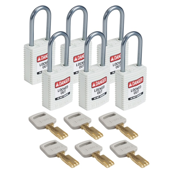 Brady Compact SafeKey Key Retaining Nylon Padlock 1.5 in Aluminum Shackle KD White 6PK - CPT-WHT-38AL-KD6PK