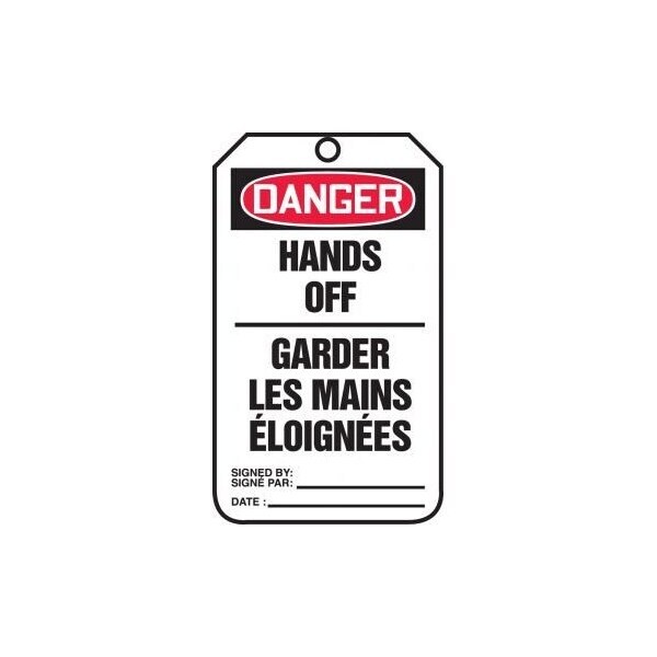 Accuform French Bilingual Safety Tags, DANGER HANDS OFF, 5.75in x 3.25in, RP-Plastic, 25PK - TCF168PTP