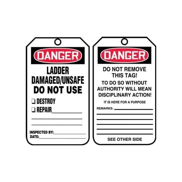 Accuform Safety Tags, DANGER LADDER DAMAGED/ UNSAFE DO NOT USE, 5.75in x 3.25in, RP-Plastic, 5PK - MDT182PTM