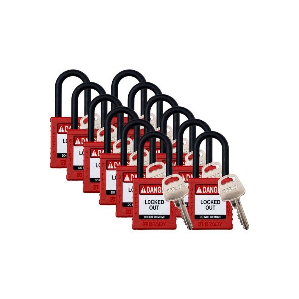 Brady Brady Safety Lockout Padlock, Keyed Different, 1-1/2in, Plastic/Nylon, Red, 12/PK - SDPL-RED-38PL-KD12