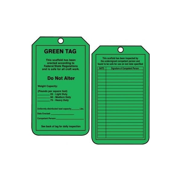 Accuform Safety Tags, GREEN TAG THIS SCAFFOLD HAS BEEN ERECTED, 5.75in x 3.25in, RP-Plastic, 5PK - TRS209PTM