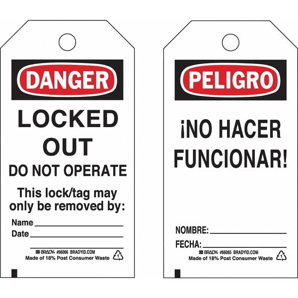 Brady Lockout Tag, Danger/Peligro, Polyester, 3 in Width, 5 3/4 in Height, Write On Surface: Yes - 133493