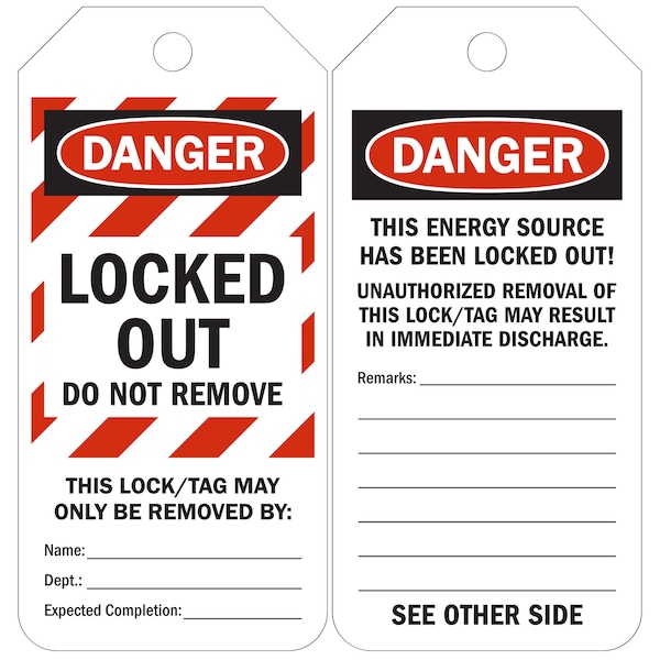 Non-Branded 6.25in x 3in Lock-Out Tag-Out Safety Tags - inEquipment Locked Outin, Dispenser Box, Plain, 100PK - GSLOTO2B