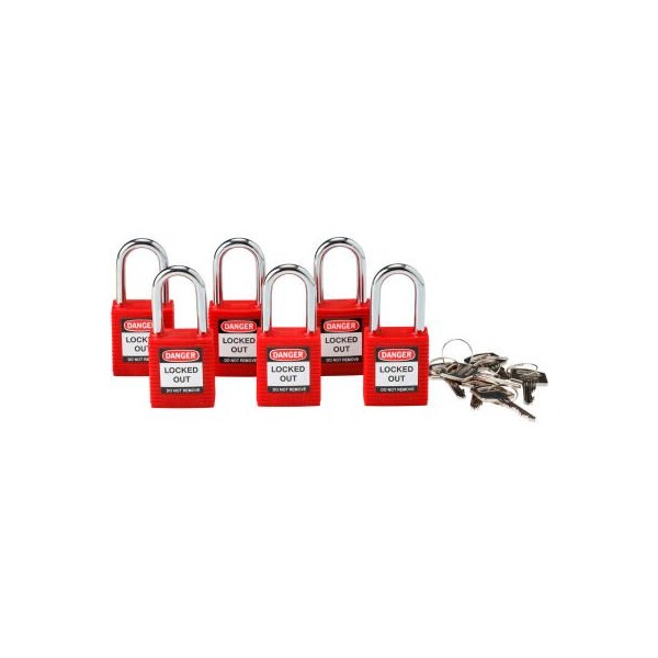 Brady Brady Lockout Padlock, Keyed Alike, 1-1/2, Plastic Covered Steel, Red, 6/Pack - 105890