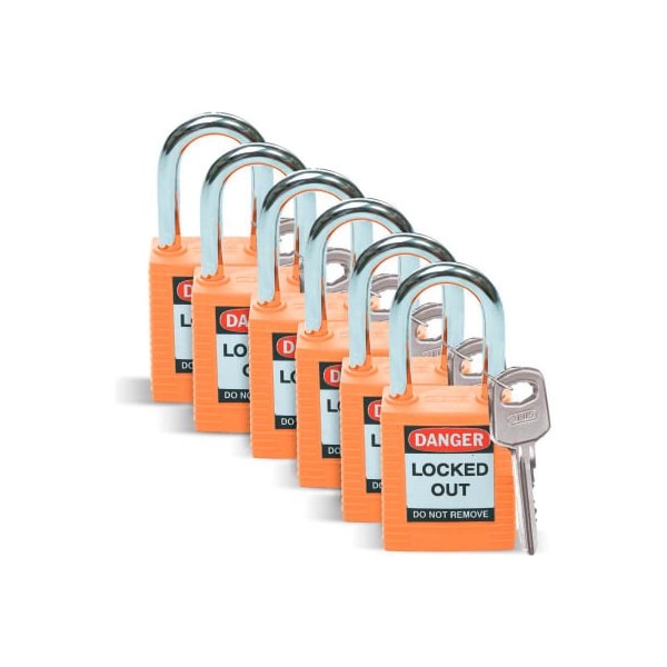 Brady Brady Lockout Padlock, Keyed Differently, 1-1/2, Plastic/Steel, Orange, 6/Pack - 51347