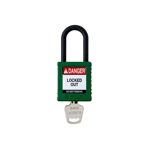 Brady Brady Safety Lockout Padlock, Keyed Different, 1-1/2in, Plastic/Nylon, Green - SDPL-GRN-38PL-KD
