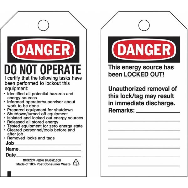 Brady Lockout Tag, Danger, Paper, 3 in Width, 5 3/4 in Height, Write On Surface: Yes , 25 PK - 133491