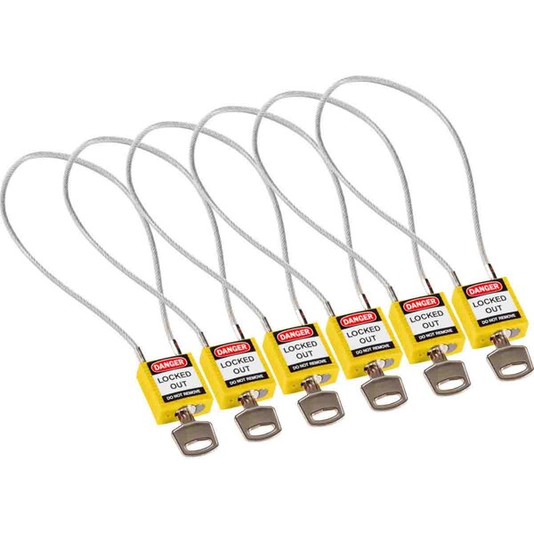 Brady Compact Nylon Padlock 8 in Steel Shackle KA Yellow with 15.75 in Cable 6PK - 146133