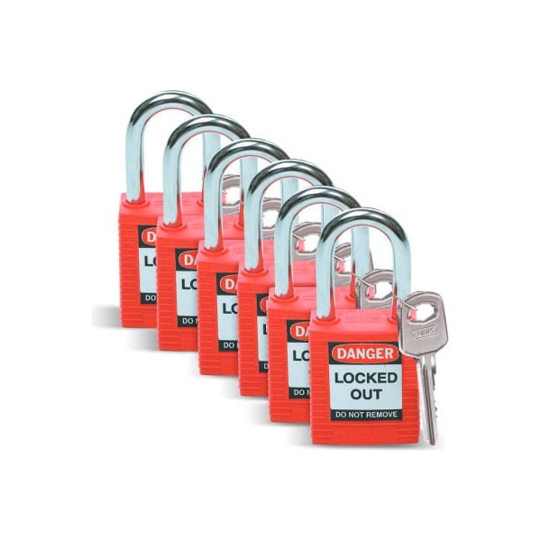 Brady Brady 51339 Safety Padlock With Label, Keyed Differently, Red, Plastic Covered Steel, 6/Pack - 51339