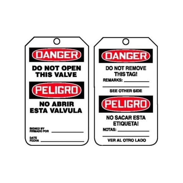 Accuform Safety Tags, DANGER DO NOT OPEN THIS VALVE Bilingual Spanish, 5.75in x 3.25in, PF-Cardstock, 25PK - TSP160CTP