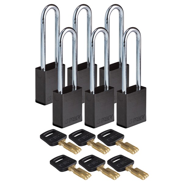 Brady Safekey Lockout Padlock Aluminum Black 3.0" - ALU-BLK-76ST-KA6PK
